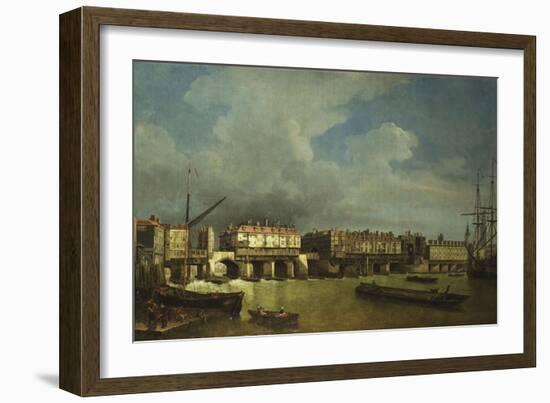 A View of Old London Bridge with Barges on the Thames-Samuel Scott-Framed Giclee Print