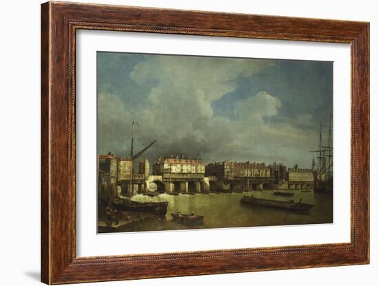 A View of Old London Bridge with Barges on the Thames-Samuel Scott-Framed Giclee Print