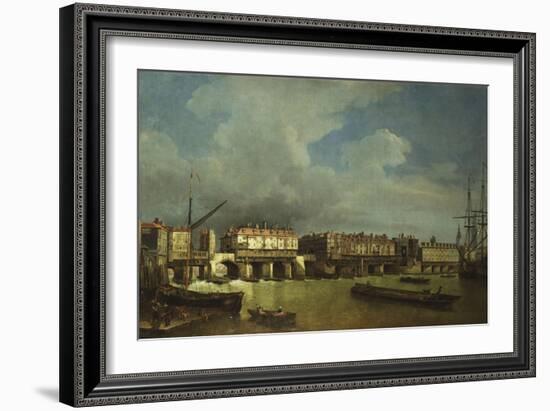 A View of Old London Bridge with Barges on the Thames-Samuel Scott-Framed Giclee Print