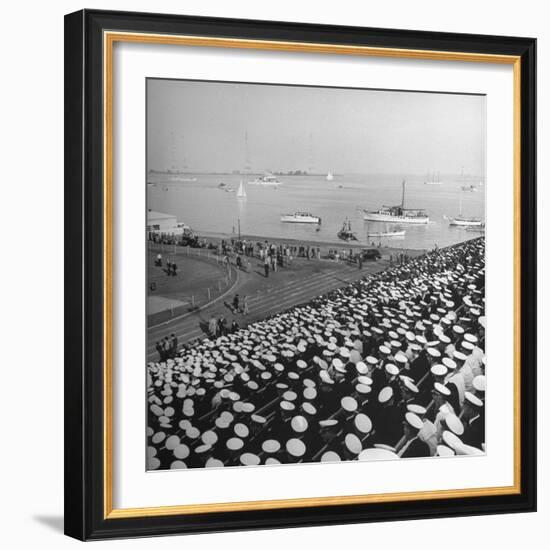 A View of Ships in the Water Near the Stadium During an Annapolis Naval Academy Football Game-David Scherman-Framed Premium Photographic Print