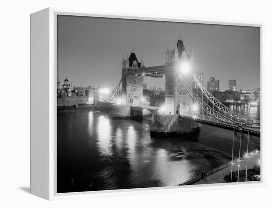 A View of Tower Bridge on the River Thames Illuminated at Night in London, April 1987-null-Framed Premier Image Canvas