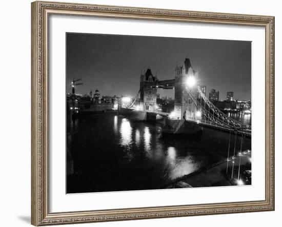 A View of Tower Bridge on the River Thames Illuminated at Night in London, April 1987-null-Framed Photographic Print