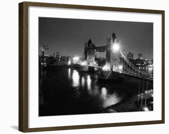 A View of Tower Bridge on the River Thames Illuminated at Night in London, April 1987-null-Framed Photographic Print