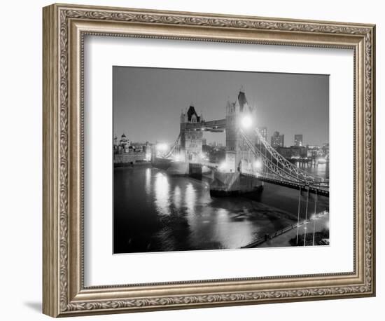 A View of Tower Bridge on the River Thames Illuminated at Night in London, April 1987-null-Framed Photographic Print