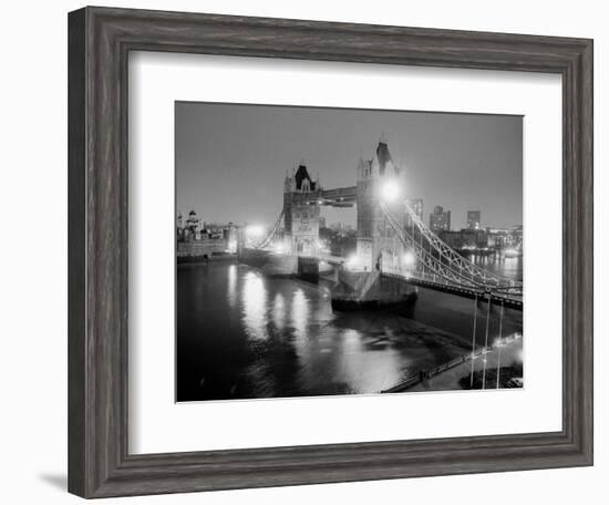 A View of Tower Bridge on the River Thames Illuminated at Night in London, April 1987-null-Framed Photographic Print