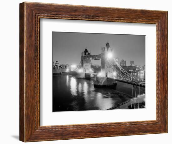 A View of Tower Bridge on the River Thames Illuminated at Night in London, April 1987-null-Framed Photographic Print