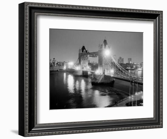 A View of Tower Bridge on the River Thames Illuminated at Night in London, April 1987-null-Framed Photographic Print