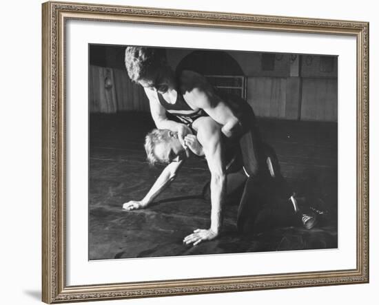 A View of US Naval Cadets Wrestling in a Gymnasium--Framed Photographic Print