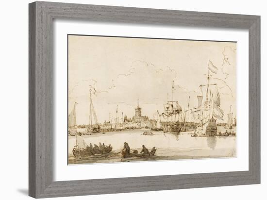 A View of Vlaardingen with Shipping in the Foreground (Pen and Ink with Wash on Paper)-Ludolf Backhuysen-Framed Giclee Print