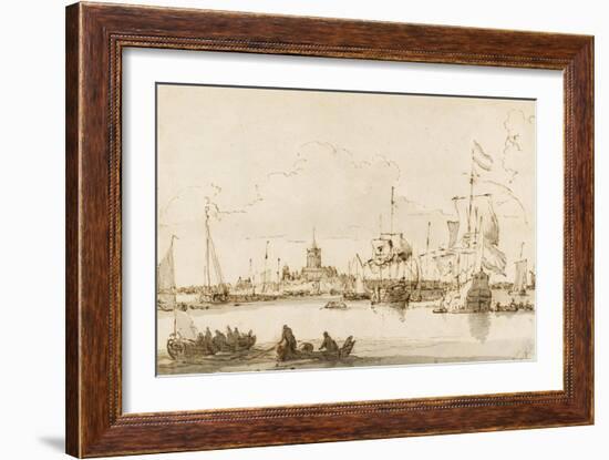 A View of Vlaardingen with Shipping in the Foreground (Pen and Ink with Wash on Paper)-Ludolf Backhuysen-Framed Giclee Print