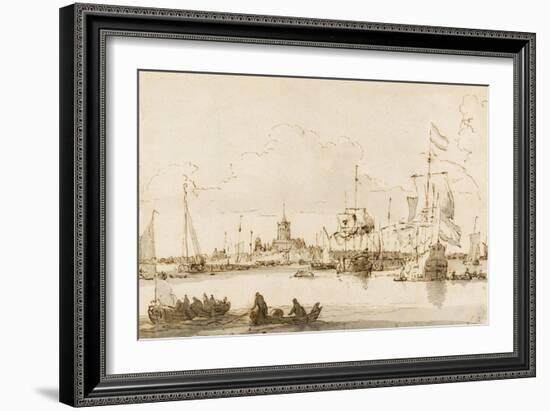 A View of Vlaardingen with Shipping in the Foreground (Pen and Ink with Wash on Paper)-Ludolf Backhuysen-Framed Giclee Print