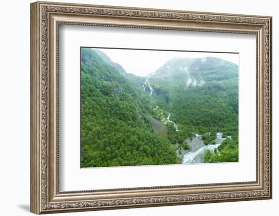 A View of Waterfalls and Forest from the Flam Railway, Flamsbana, Flam, Norway, Scandinavia, Europe-Amanda Hall-Framed Photographic Print