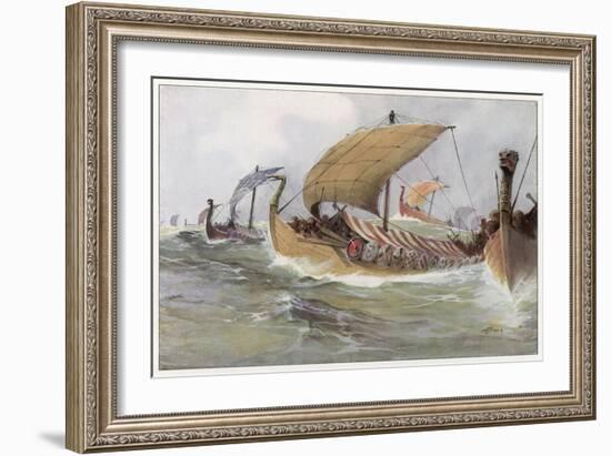 A Viking Raiding Fleet Racing across the North Sea-null-Framed Art Print