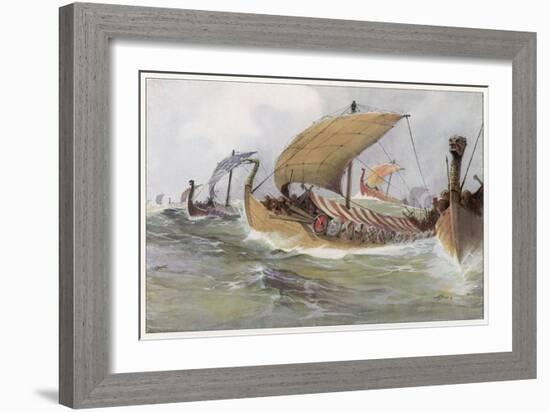 A Viking Raiding Fleet Racing across the North Sea-null-Framed Art Print