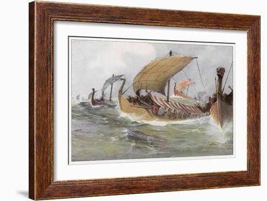 A Viking Raiding Fleet Racing across the North Sea-null-Framed Art Print