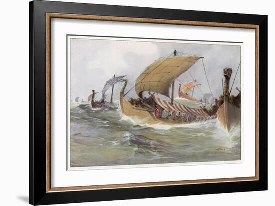 A Viking Raiding Fleet Racing across the North Sea-null-Framed Art Print