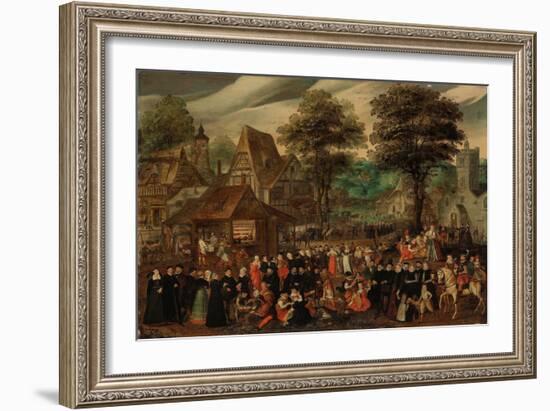 A Village Festival with Elegantly Dressed Figures in Procession, a River and Tower beyond (Oil on P-Joris Hoefnagel-Framed Giclee Print