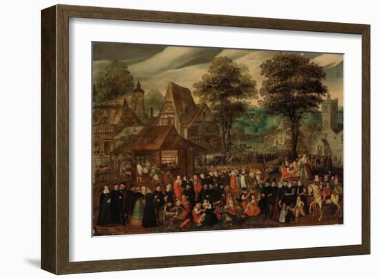 A Village Festival with Elegantly Dressed Figures in Procession, a River and Tower beyond (Oil on P-Joris Hoefnagel-Framed Giclee Print