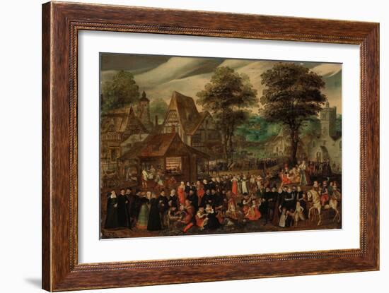 A Village Festival with Elegantly Dressed Figures in Procession, a River and Tower beyond (Oil on P-Joris Hoefnagel-Framed Giclee Print