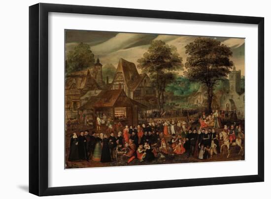 A Village Festival with Elegantly Dressed Figures in Procession, a River and Tower beyond (Oil on P-Joris Hoefnagel-Framed Giclee Print