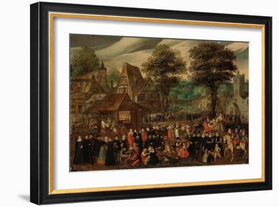 A Village Festival with Elegantly Dressed Figures in Procession, a River and Tower beyond (Oil on P-Joris Hoefnagel-Framed Giclee Print