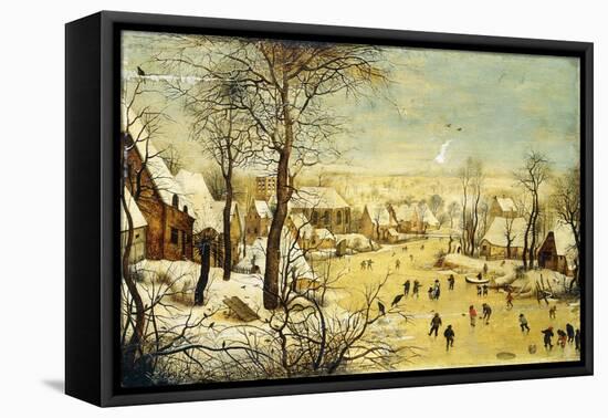 A Village in Winter with a Birdtrap and Skaters on a Frozen Waterway-Pieter Brueghel the Younger-Framed Premier Image Canvas