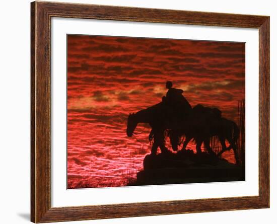 A Vivid Late-Autumn Sunset Silhouettes the Statue Known as Pioneer Mother at Penn Valley Park-null-Framed Photographic Print