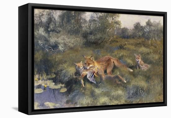 A Vixen with Her Cubs in a Wooded Marshy Landscape-Bruno Andreas Liljefors-Framed Premier Image Canvas