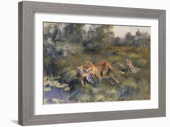 A Vixen with Her Cubs in a Wooded Marshy Landscape-Bruno Andreas Liljefors-Framed Giclee Print