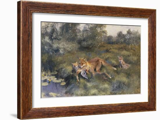 A Vixen with Her Cubs in a Wooded Marshy Landscape-Bruno Andreas Liljefors-Framed Giclee Print