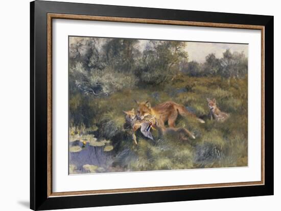 A Vixen with Her Cubs in a Wooded Marshy Landscape-Bruno Andreas Liljefors-Framed Giclee Print