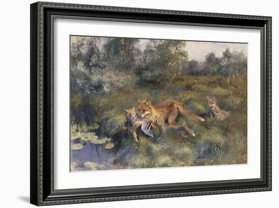 A Vixen with Her Cubs in a Wooded Marshy Landscape-Bruno Andreas Liljefors-Framed Giclee Print