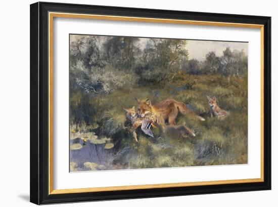 A Vixen with Her Cubs in a Wooded Marshy Landscape-Bruno Andreas Liljefors-Framed Giclee Print