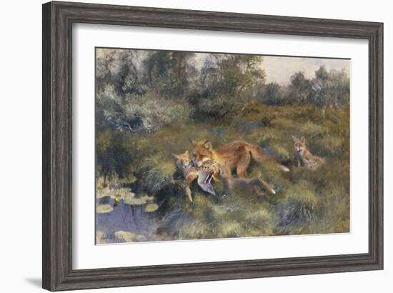 A Vixen with Her Cubs in a Wooded Marshy Landscape-Bruno Andreas Liljefors-Framed Giclee Print