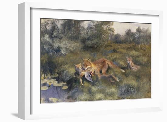 A Vixen with Her Cubs in a Wooded Marshy Landscape-Bruno Andreas Liljefors-Framed Giclee Print