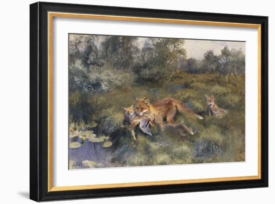 A Vixen with Her Cubs in a Wooded Marshy Landscape-Bruno Andreas Liljefors-Framed Giclee Print