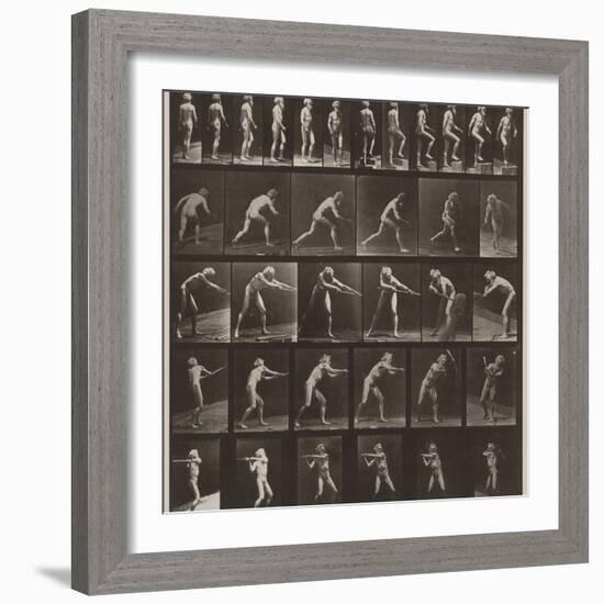 A, walking; B, ascending step; C, throwing disk; D, using shovel; E, using pick; F, using pick-Eadweard Muybridge-Framed Photographic Print