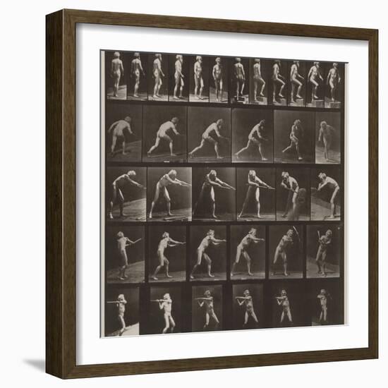 A, walking; B, ascending step; C, throwing disk; D, using shovel; E, using pick; F, using pick-Eadweard Muybridge-Framed Photographic Print