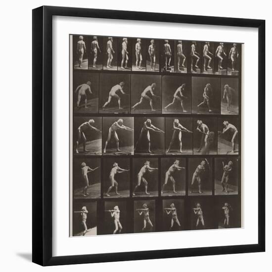 A, walking; B, ascending step; C, throwing disk; D, using shovel; E, using pick; F, using pick-Eadweard Muybridge-Framed Photographic Print