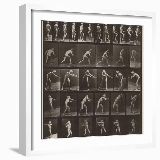 A, walking; B, ascending step; C, throwing disk; D, using shovel; E, using pick; F, using pick-Eadweard Muybridge-Framed Photographic Print