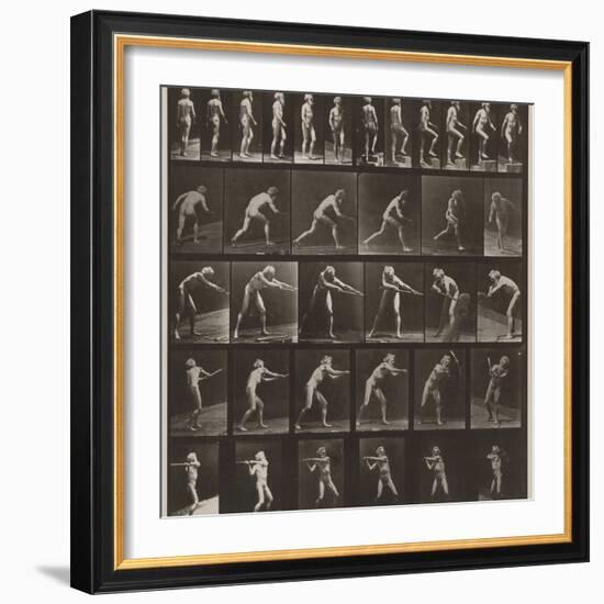 A, walking; B, ascending step; C, throwing disk; D, using shovel; E, using pick; F, using pick-Eadweard Muybridge-Framed Photographic Print
