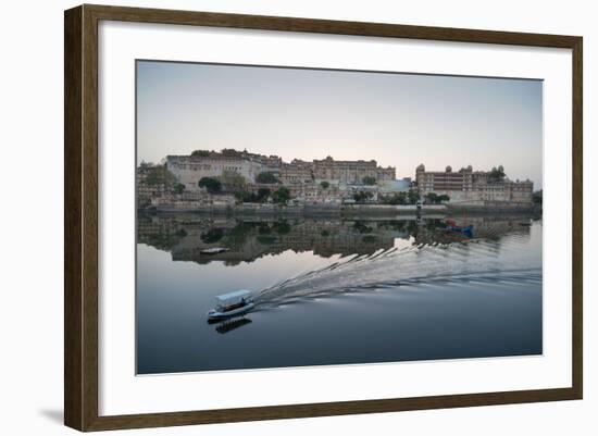 A Water Taxi Passing City Palace Reflected in Still Dawn Waters of Lake Pichola, Rajasthan, India-Martin Child-Framed Photographic Print