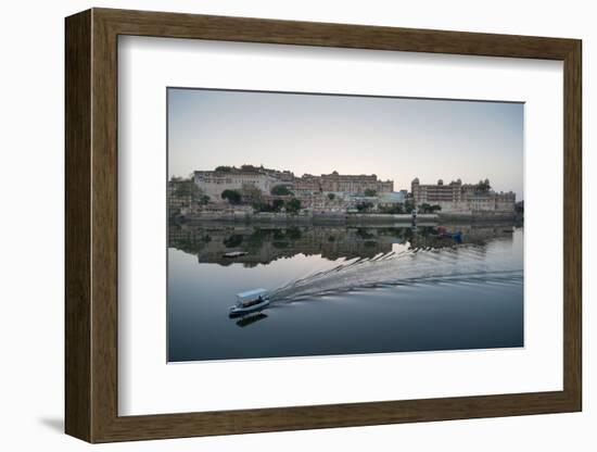 A Water Taxi Passing City Palace Reflected in Still Dawn Waters of Lake Pichola, Rajasthan, India-Martin Child-Framed Photographic Print