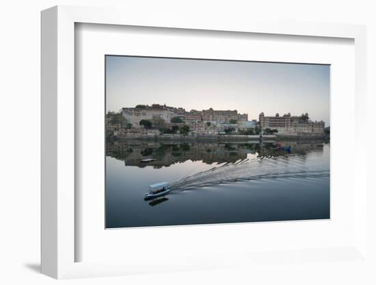 A Water Taxi Passing City Palace Reflected in Still Dawn Waters of Lake Pichola, Rajasthan, India-Martin Child-Framed Photographic Print