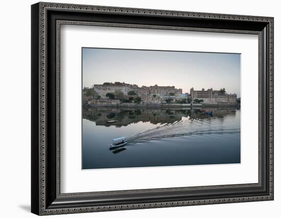 A Water Taxi Passing City Palace Reflected in Still Dawn Waters of Lake Pichola, Rajasthan, India-Martin Child-Framed Photographic Print