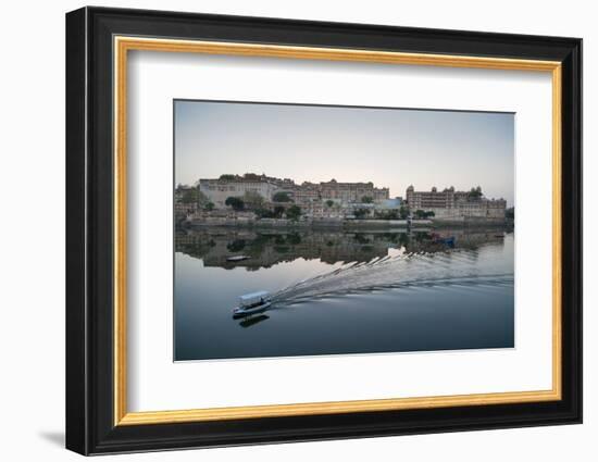 A Water Taxi Passing City Palace Reflected in Still Dawn Waters of Lake Pichola, Rajasthan, India-Martin Child-Framed Photographic Print