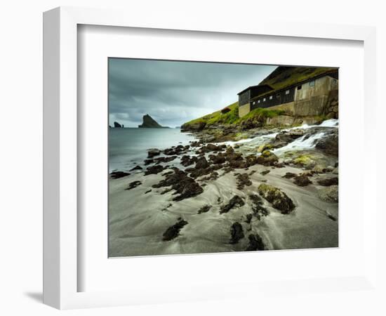 A Waterfall Cascading over the Black Sand Beach of Bour into the Sorvagsfjorour, Vagar Island, Faro-Kimberley Coole-Framed Photographic Print