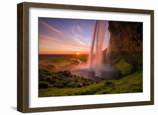 A Waterfall In Iceland With Colorful Skies, During The Midnight Sun-Joe Azure-Framed Photographic Print