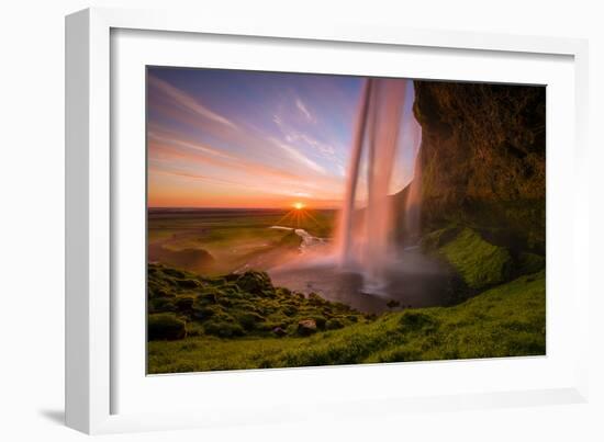 A Waterfall In Iceland With Colorful Skies, During The Midnight Sun-Joe Azure-Framed Photographic Print