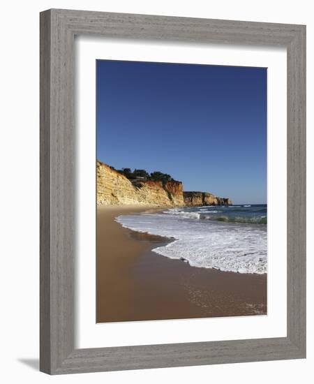 A Wave Breaks on Golden Sands Flanked by Steep Cliffs, Typical of the Atlantic Coastline Near Lagos-Stuart Forster-Framed Photographic Print